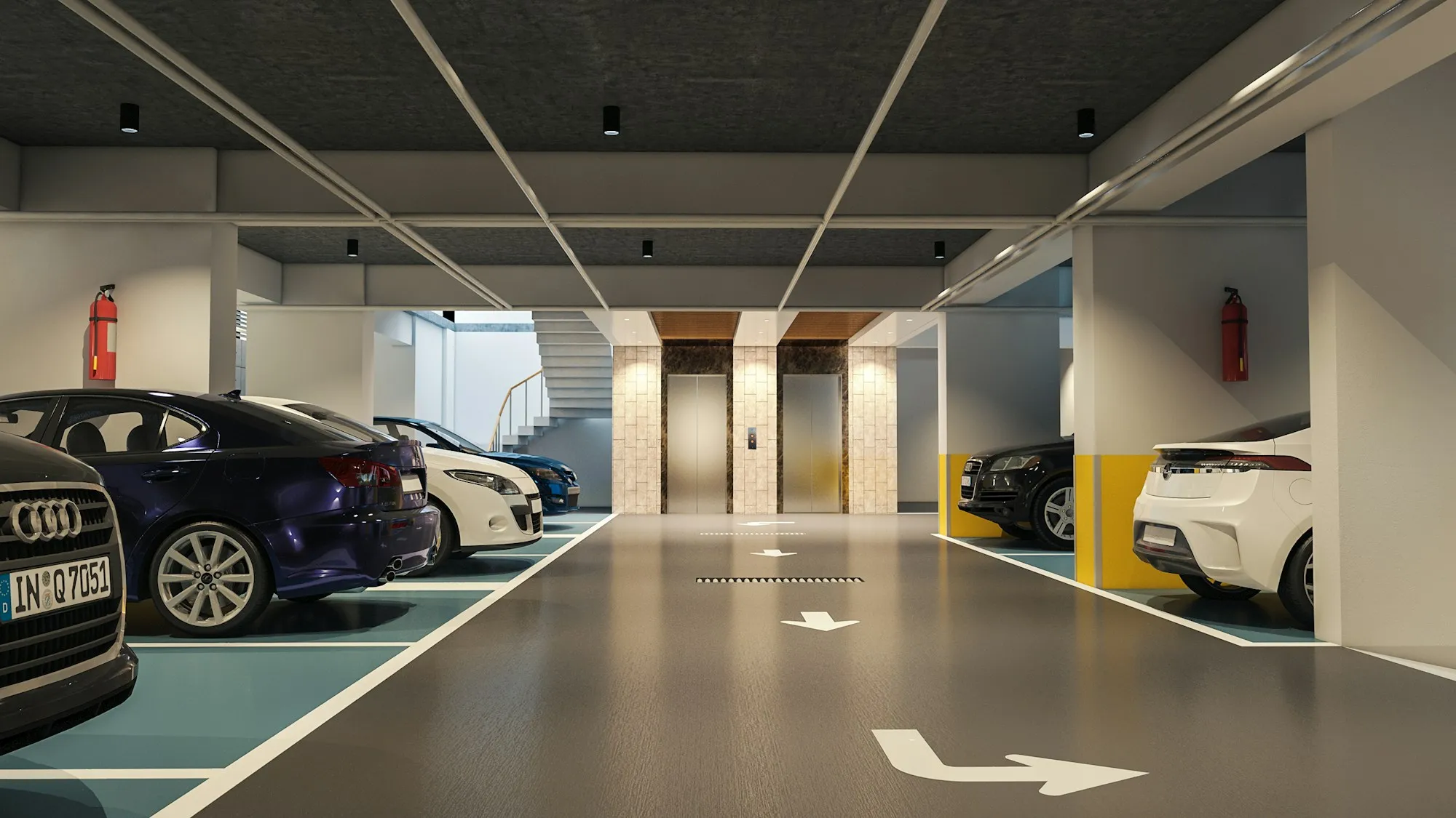 Clean underground car park with painted bay lines