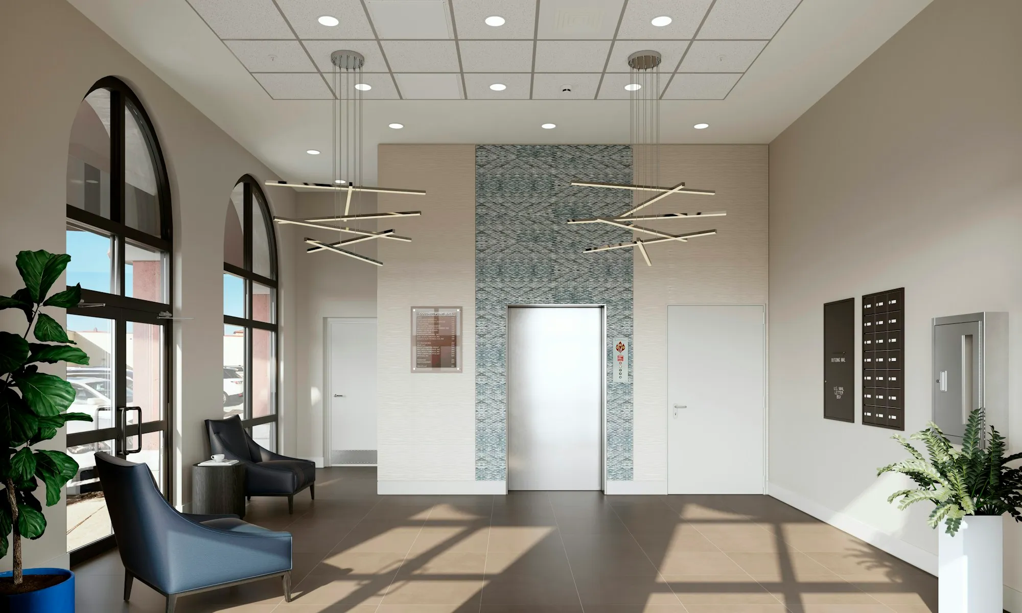 Bright apartment lobby entrance with seating and plants