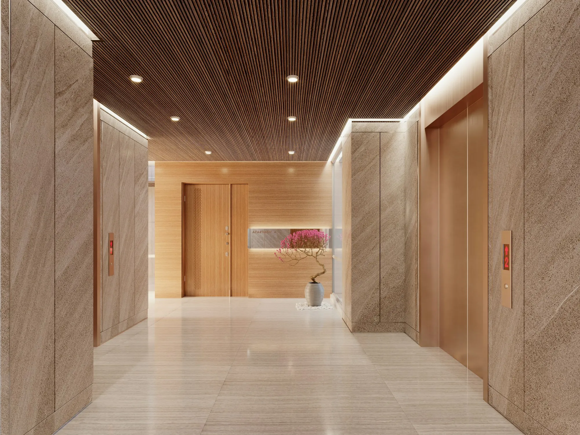 Building lift lobby with timber ceiling