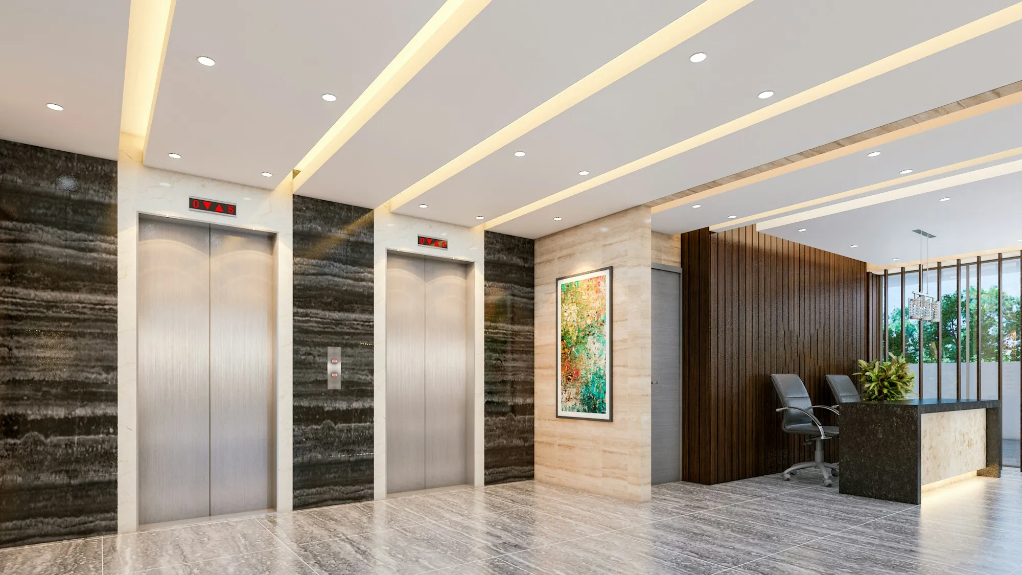 Refurbished commercial lobby with lifts, stone walls and a reception desk